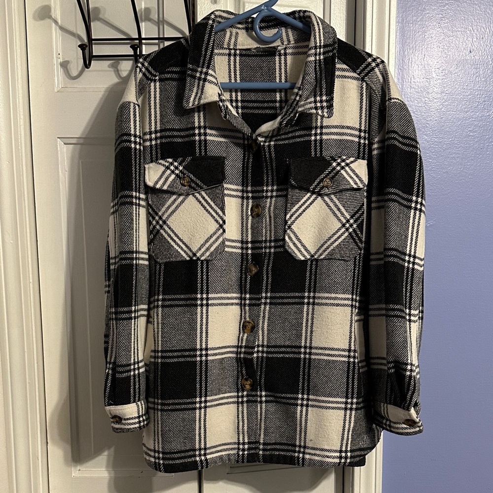 Black and White Plaid Button-Up Shacket